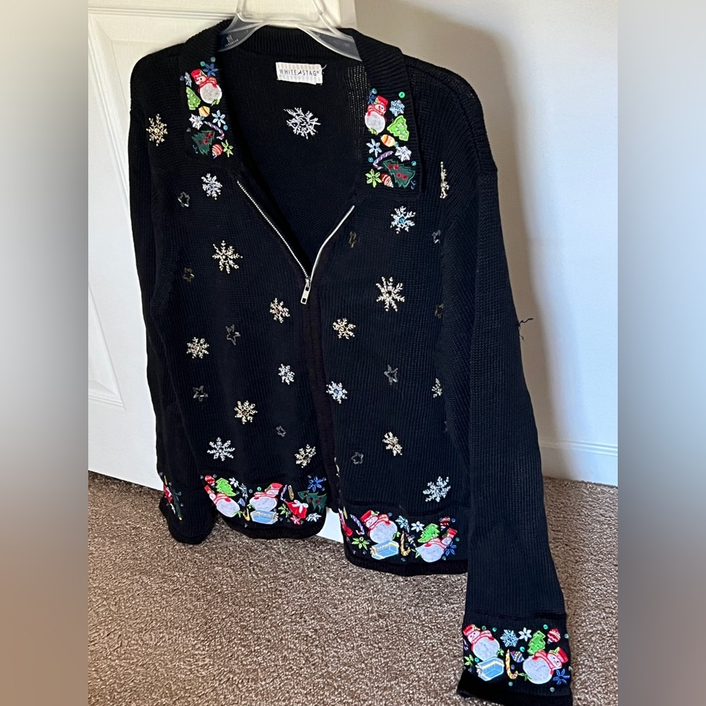 Vintage Christmas sweater black snowmen embroidered embellished sz L